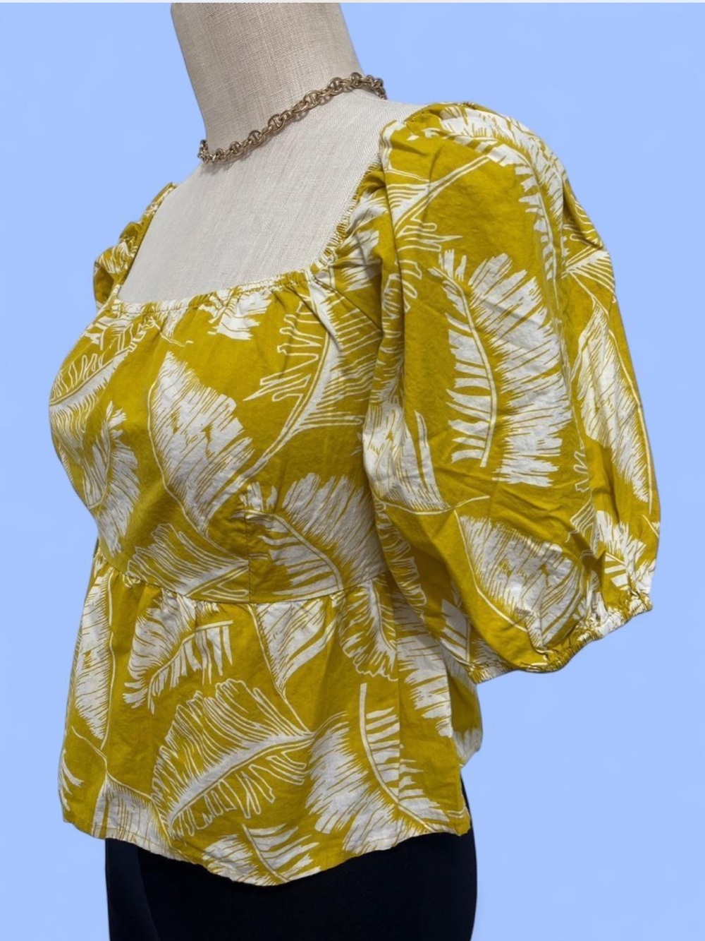 Off-Shoulder Yellow Leaf-Print Peplum Blouse